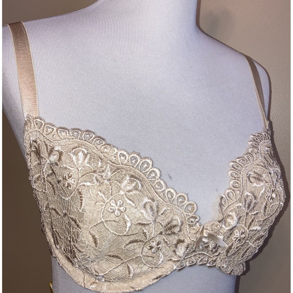 Barely Breezies Women Ivory Floral Print Full Coverage Bra 34D Underwire Lined